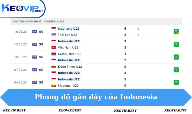 Soi Kèo Indonesia VS Singapore, 16h00 Ngày 5/12 - Seagames 2 Phong độ Indonesia 5 trận gần đây